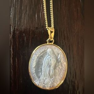 Gold Our Lady of Guadalupe Mother of Pearl Pendant Necklace 20”